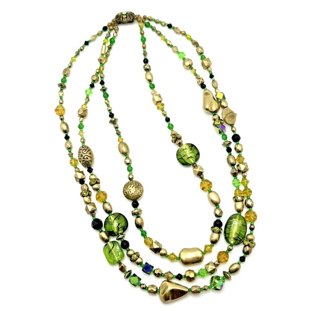 Vintage Green Gold Multi Strand Bead Necklace Boho Crystal Accents Box Clasp 16
